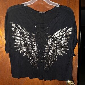Fashion Nova Black Lace-Up Tee with Silver Wing Design